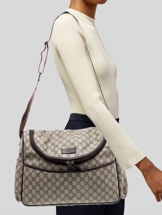 Gucci Handbags - Gucci Beige Monogram Canvas Shoulder Bag with Brown Trim